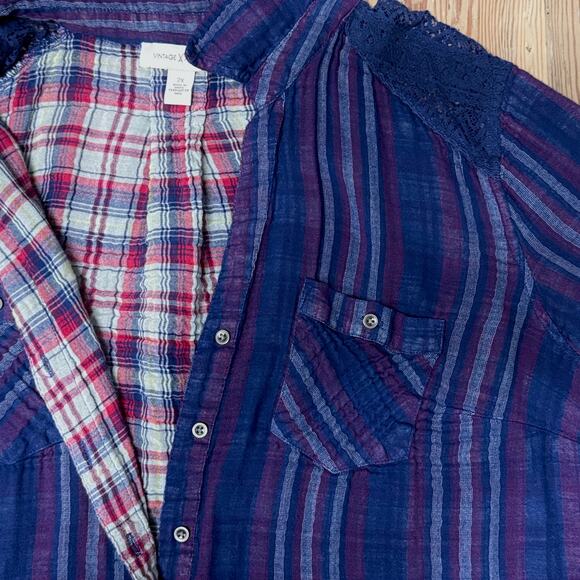 Vintage America 2X Plaid Stripe Button Shirt – Crochet Shoulder, Made in India - Picture 8 of 9